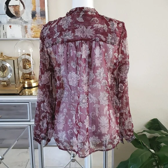 Lucky Brand India Print Boho Top M/L Burgundy Silver - Picture 3 of 5